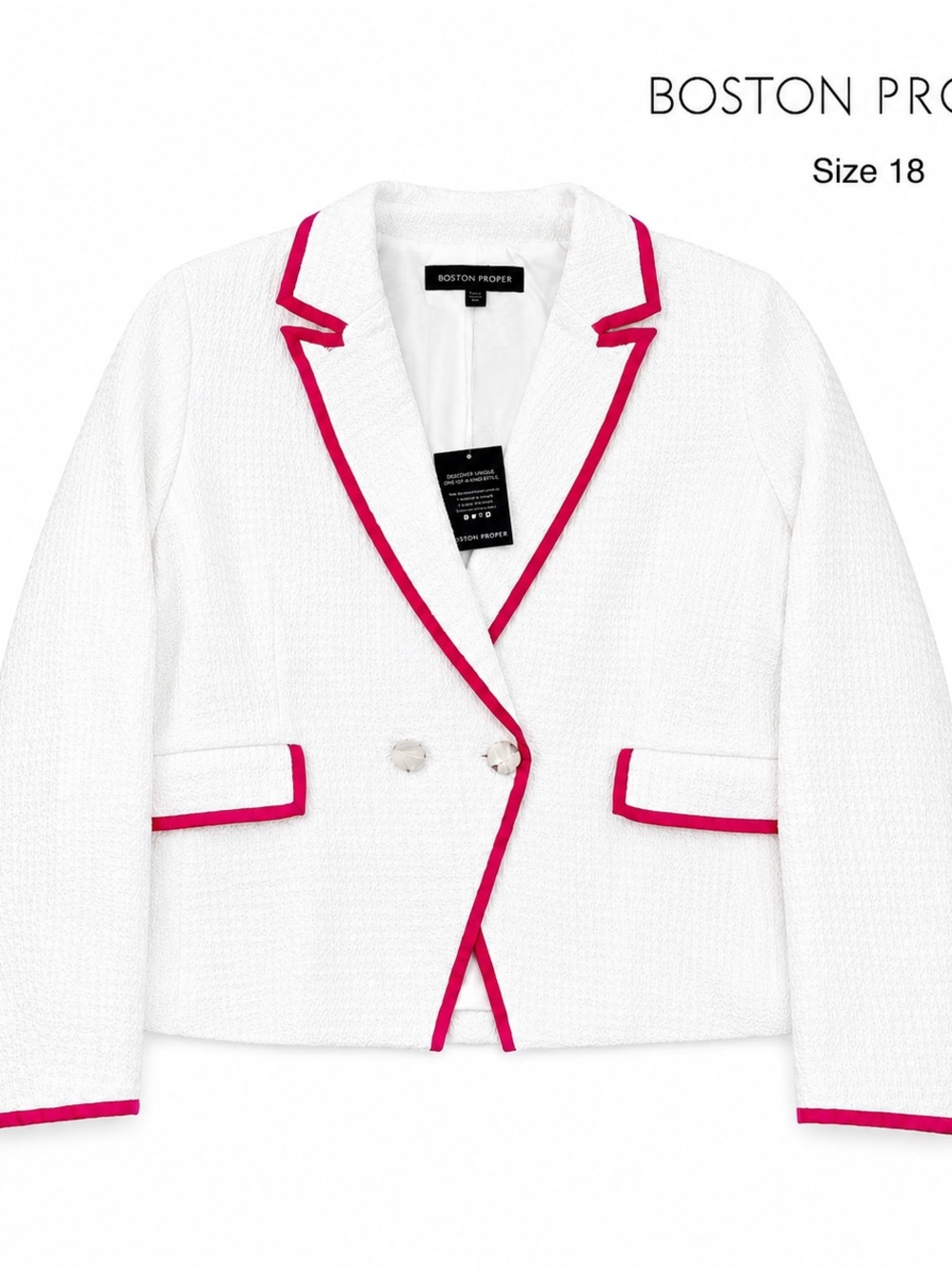 NWT Boston Proper Shimmer Tweed Piped Double Breasted Blazer White Pink Size 18